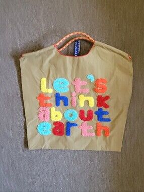 NWOT Guan & Ball Recycled Tote Bag Rainbow on Tan. " Let's Think About Earth"